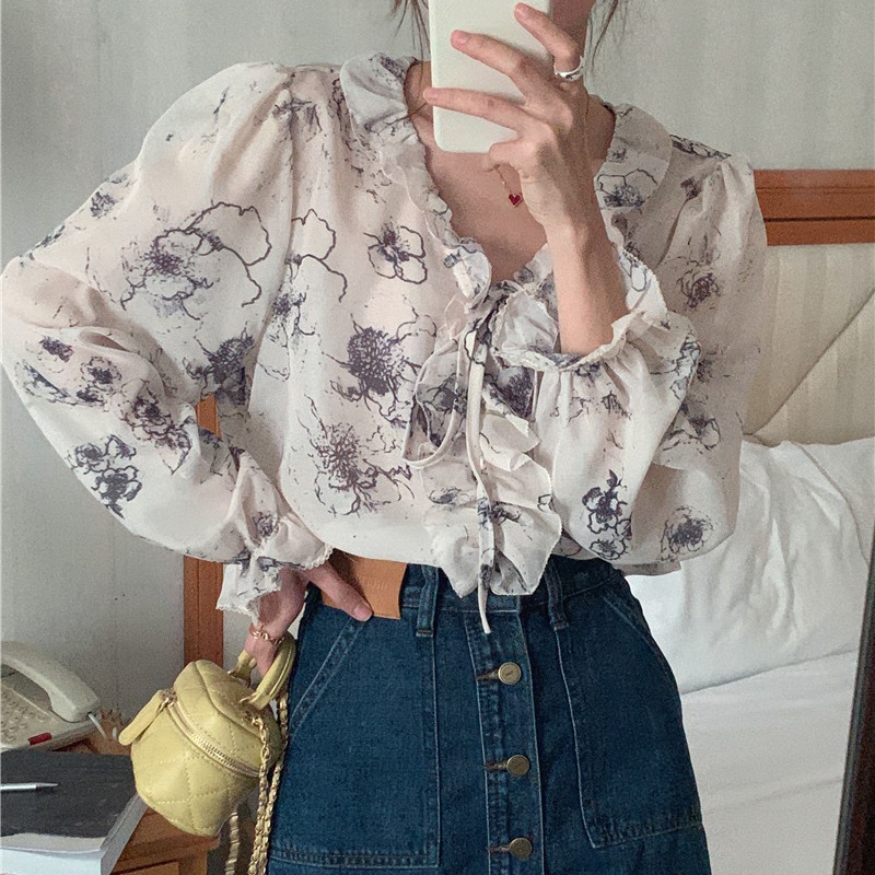 SUXI Áo Sơ Mi Chiffon Tay Dài Cổ Chữ V Họa Tiết Hoa Phong Cách Vintage Hàn Quốc