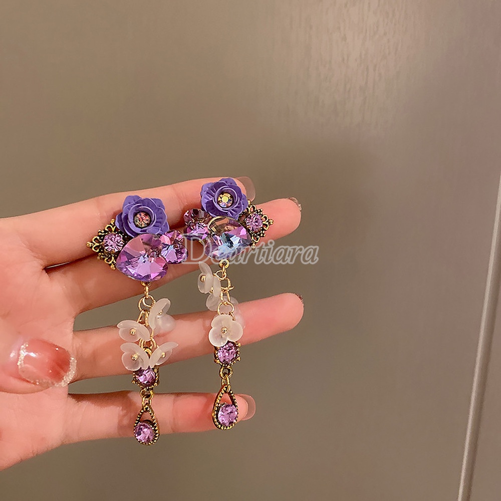 Bông Tai Hình Hoa Tím Đính Đá Pha Lê Phong Cách Retro Dễ Phối Đồ Thời Trang Cho Nữ