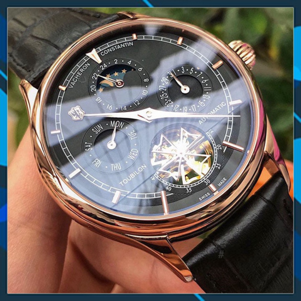 Đồng hồ Nam Vacheron máy nhật, mẫu 5kim lộ cơ cánh khế, mặt đen viền vàng , dòng cơ Automatic size 40mm-41mm , Đồng hồ t