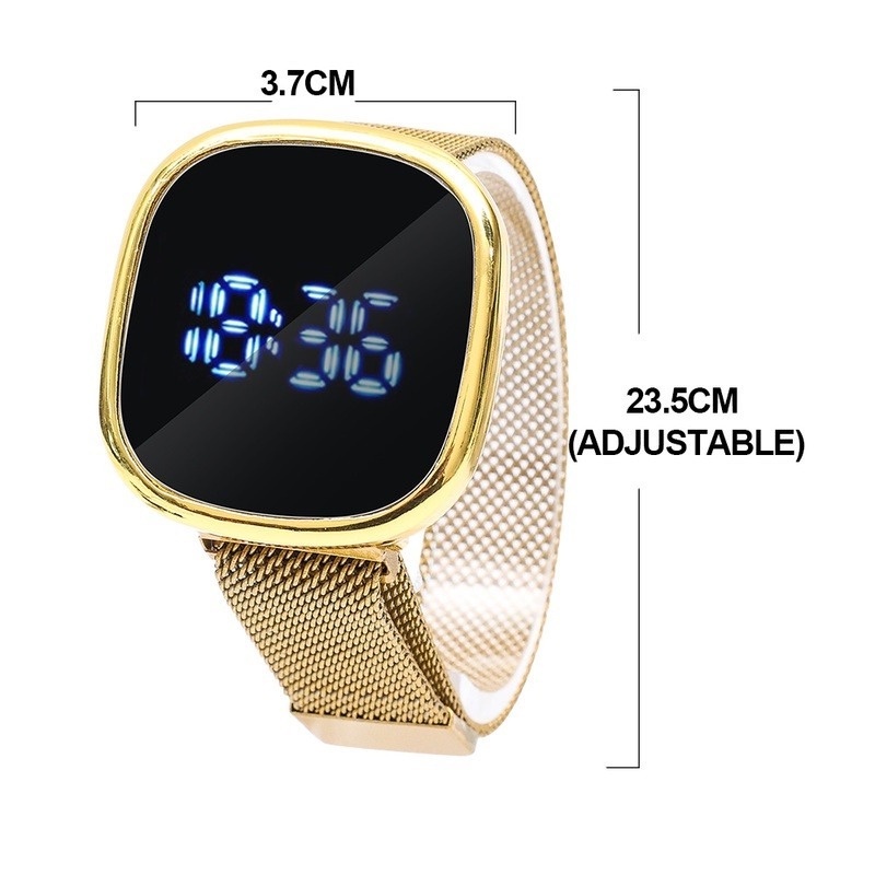 Đồng Hồ Điện Tử Mặt Vuông Có Đèn LED Dây Inox Màu Vàng/Đen Phong Cách Thể Thao Thời Trang Unisex