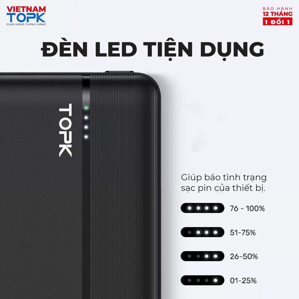 Pin Dự Phòng TOPK I1015P 18W QC3.0 10000mAh Hỗ Trợ Sạc Nhanh