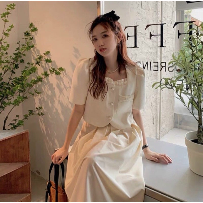 SET Áo croptop nơ nút ngọc kèm Chân Váy midi xếp ly màu nude NÀNG CLOSET