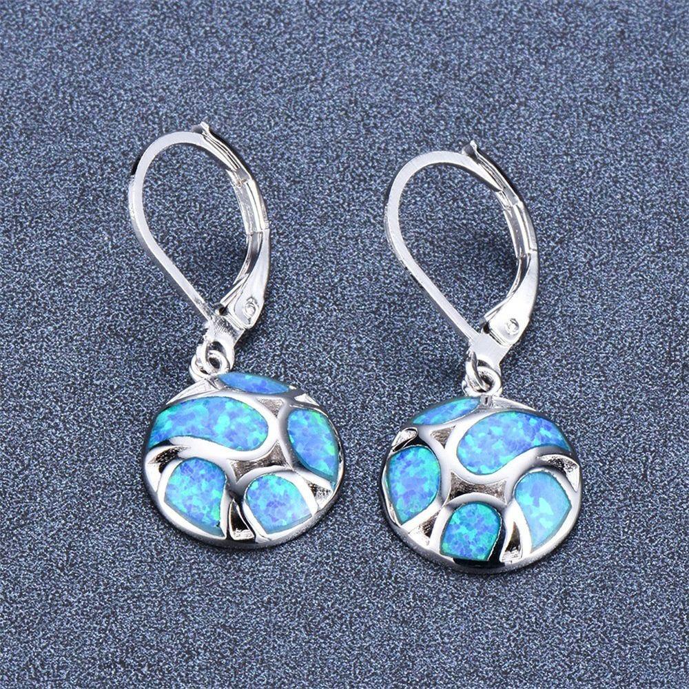 HS Khuyên Tai Tròn Đính Đá Opal Xanh Lam / Trắng Dễ Thương Cho Nữ