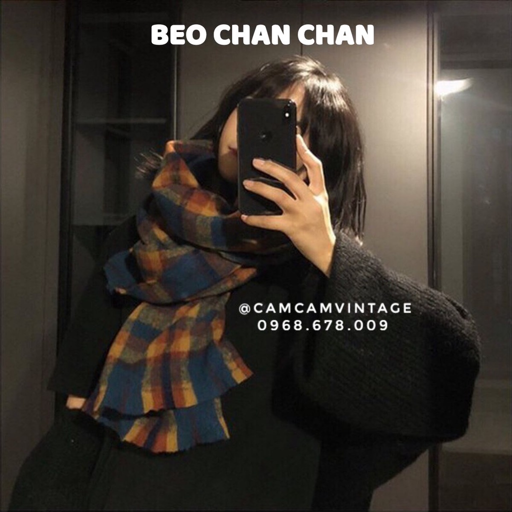 Khăn quàng cổ nam nữ choàng cổ lông thỏ caro vintage, mềm mịn dày cực ấm Beo Chan