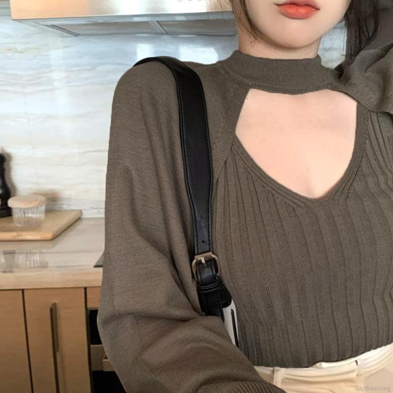 Áo Sweater Tay Dài Cổ Tròn Hở Lưng Màu Sắc Thanh Lịch
