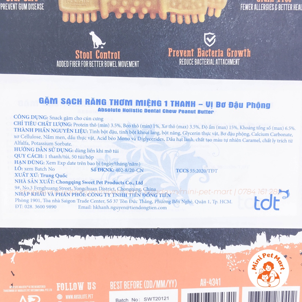 Xương gặm sạch răng, thơm miệng cho chó hình bàn chải ABSOLUTE HOLISTIC DENTAL CHEW  - Vị bơ đậu phộng