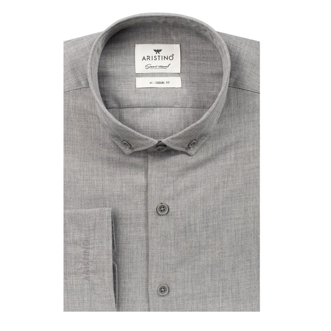 Áo sơ mi dài tay Aristino cotton mềm mát, cổ áo button down ,from rộng, xám nhạt xương cá ALS58908