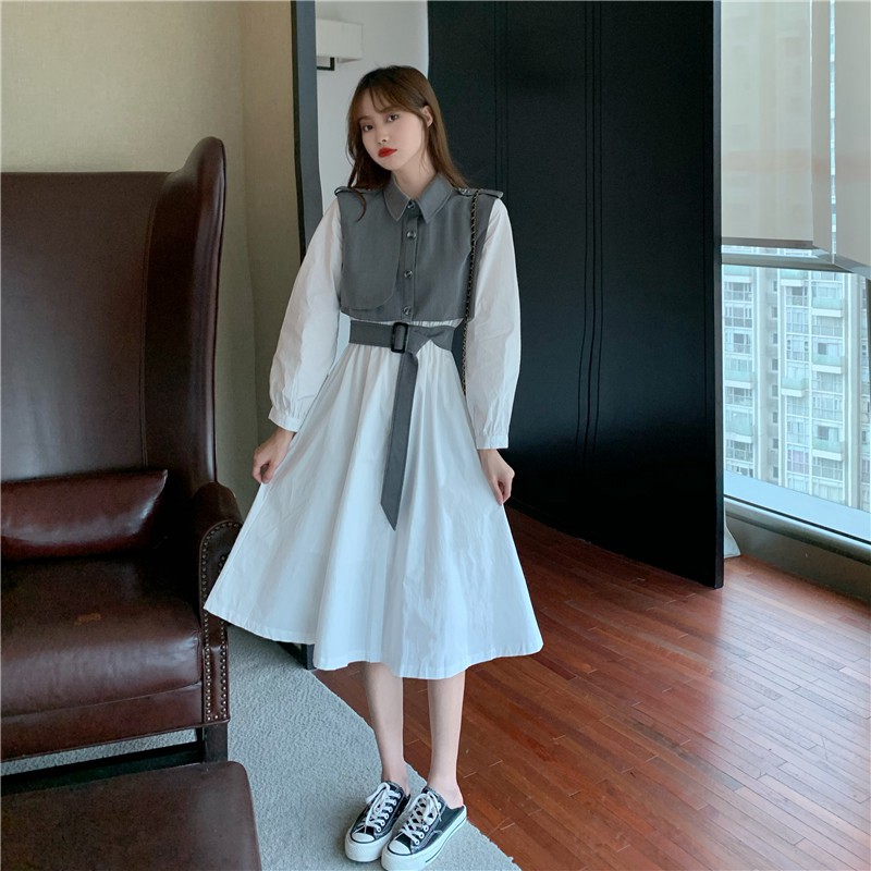 [ORDER TAOBAO/TMALL 053 ] Set váy babydoll trắng + Áo giả da cổ sơ mi khuyết tay đi liền thắt lưng