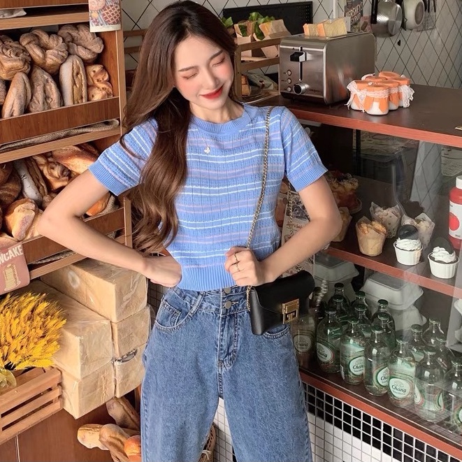 Áo thun dệt kim nữ - Áo croptop nữ kẻ ngang cổ tròn tay ngắn phối màu trẻ trung năng động