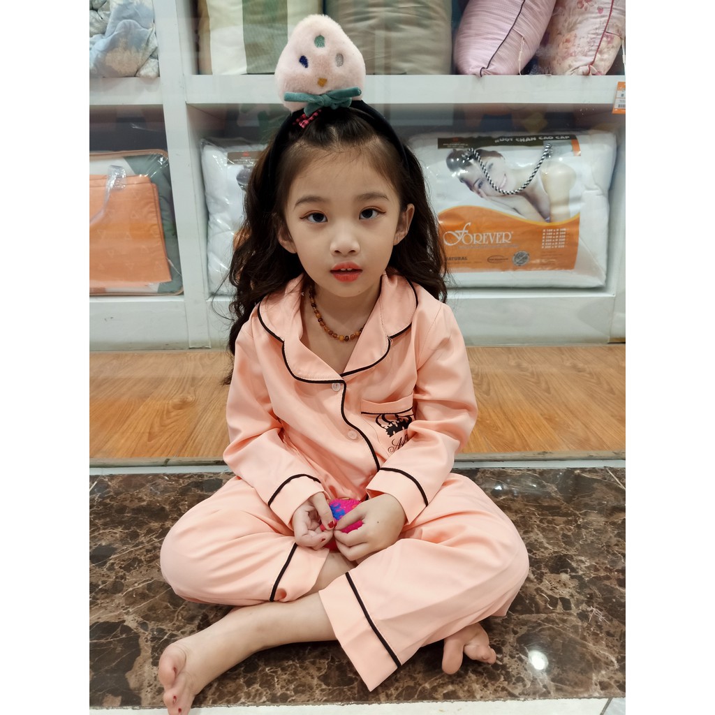 pijama phi lụa mờ dài tay in vương miện cho bé từ 14 đến 40kg 0205