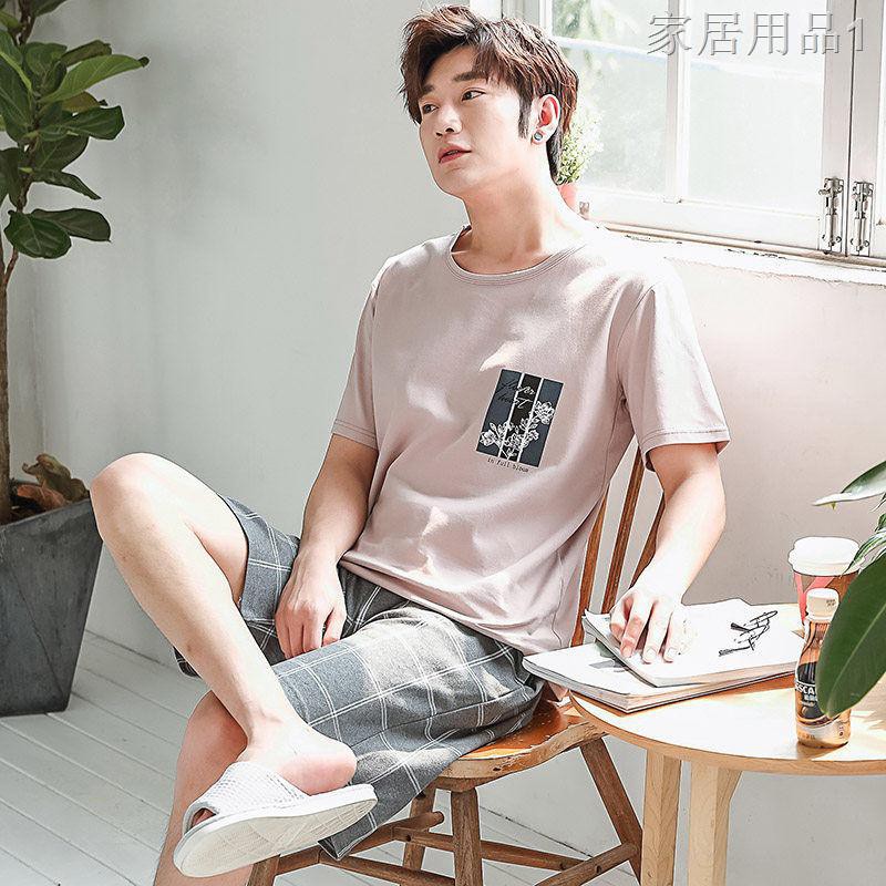 ☢℡100% cotton pyjama nam mùa hè mỏng áo vest ngắn tay thanh niên cộng với Code Student Home Service Set1