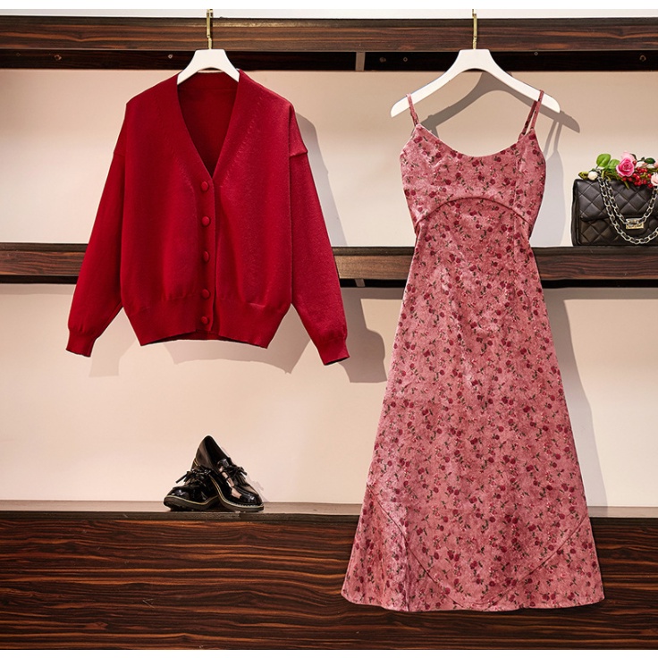 Váy xinh📌FREESHIP📌Set trang phục váy hoa nhí hồng đất kết hợp áo khoác cardigan len phong cách trẻ trung thu đông