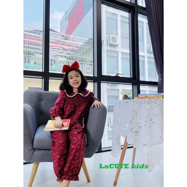 Bộ pyjama thu đông cho bé 3 đến 10 tuổi - hoa nhí đỏ đun