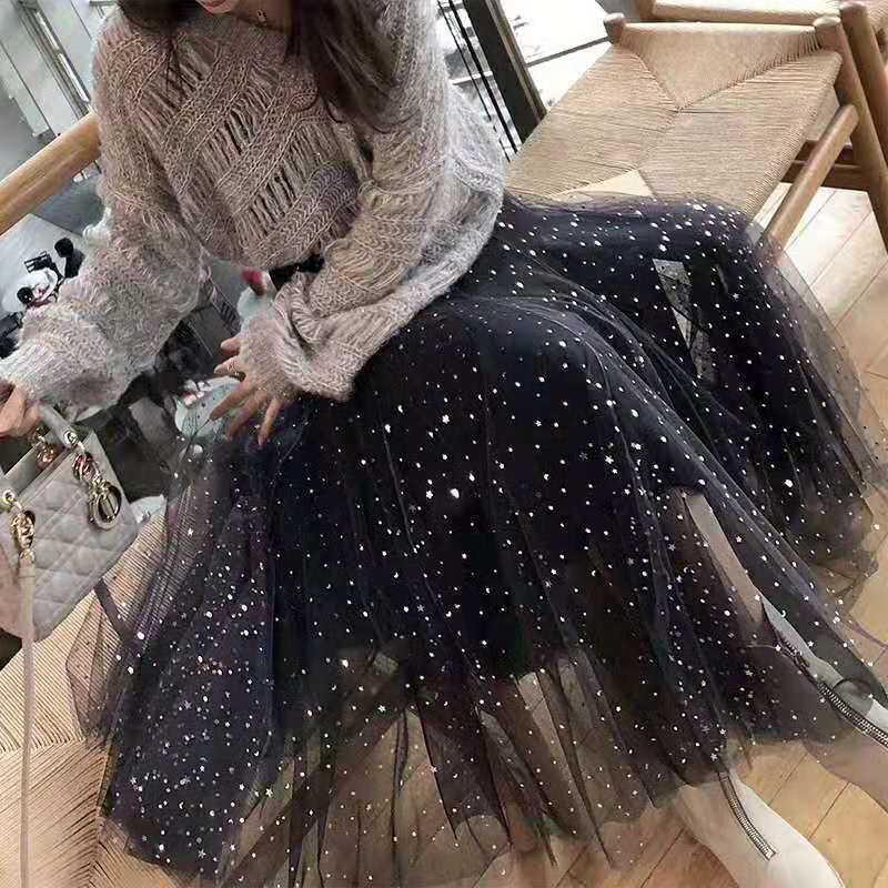 Chân Váy Lưới Lưng Cao Đính Kim Sa Lấp Lánh Thời Trang Mới Cho Nữ