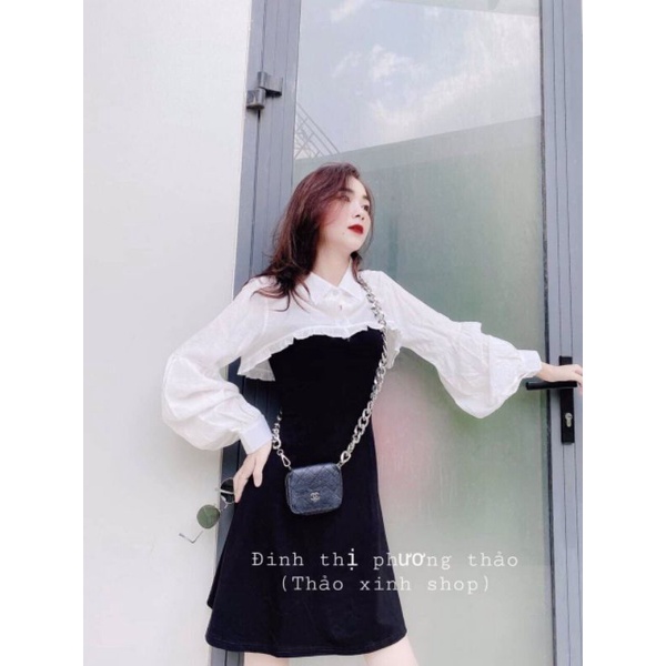 [Ảnh thật]Set váy nữ dễ thương 2 món áo khoác sơ mi croptop, váy umi 2 dây đẹpThời trang nữ cao cấp.Set váy tiểu thư đẹp