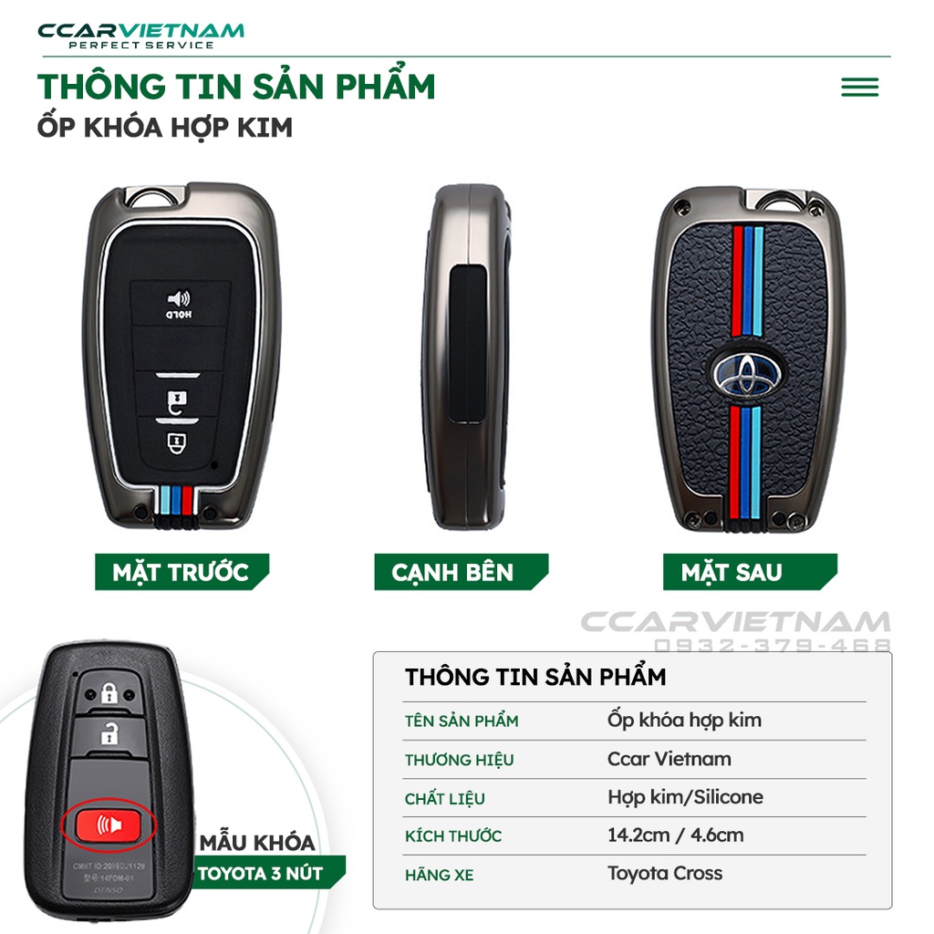 Ốp Chìa Khóa Toyota Cross 2021, 2022, 2023 (Mẫu 3 nút) Chất Liệu Hợp Kim Cao Cấp Phản Quang - Vỏ Bọc Chìa Khóa Ô Tô