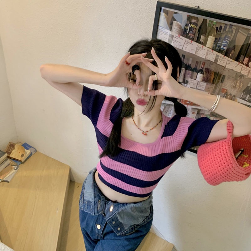 Jiashucheng Áo Thun Dệt Kim Ngắn Tay Cổ Vuông Họa Tiết Kẻ Sọc Thời Trang Mùa Hè Cho Nữ