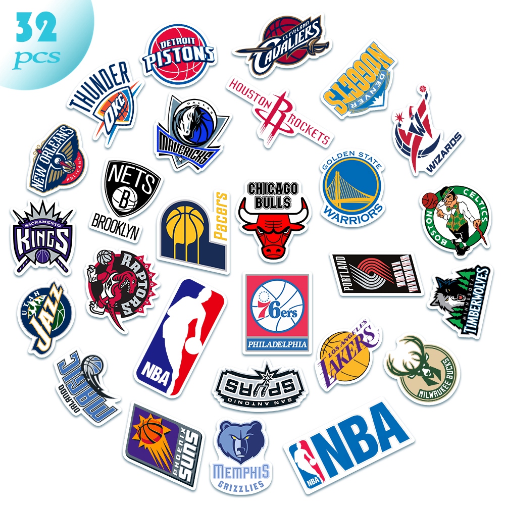 Bộ 32 miếng dán logo in họa tiết các đội bóng rổ NBA