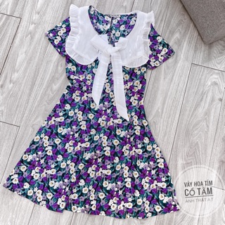 Váy hoa tím cổ tằm ✨váy hoa xoè