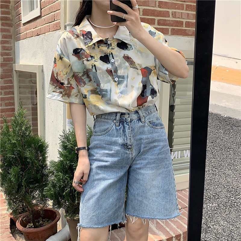 Áo Sơ Mi Tay Ngắn Họa Tiết Hoa Phong Cách Retro Hong Kong 164536 Áo Sơ Mi Dáng Rộng Họa Tiết Hoa Xinh Xắn Dễ Phối Đồ