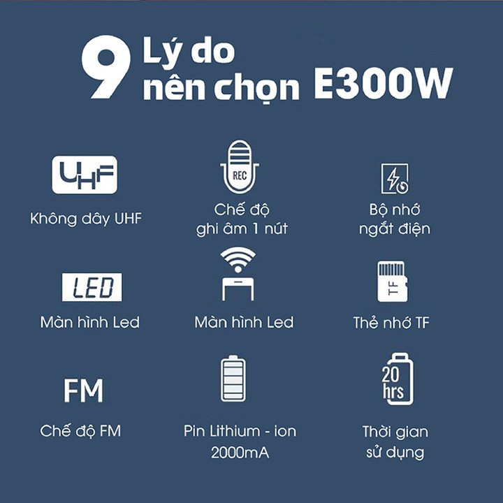 Bộ khuếch đại âm thanh,Loa máy trợ giảng không dây Takstar E300W sử dụng sóng UHF, bluetooth, ghi âm, công suất lớn