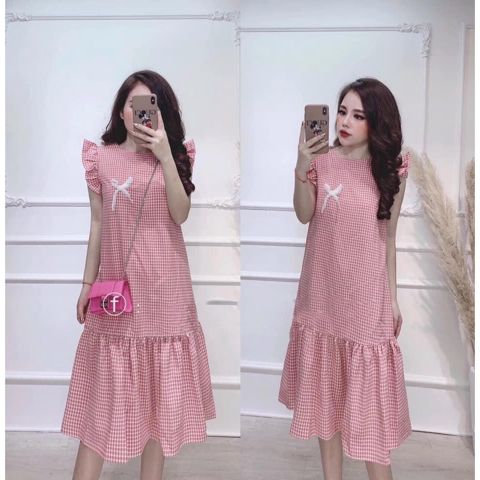 Đầm bầu ngắn tay nơ ngực M091 chất đũi hàn thời trang thiết kế freesize từ 45 đến 70kg