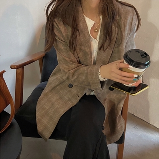 SUXI Áo khoác blazer tay dài dáng rộng họa tiết sọc caro thời trang thanh lịch cá tính