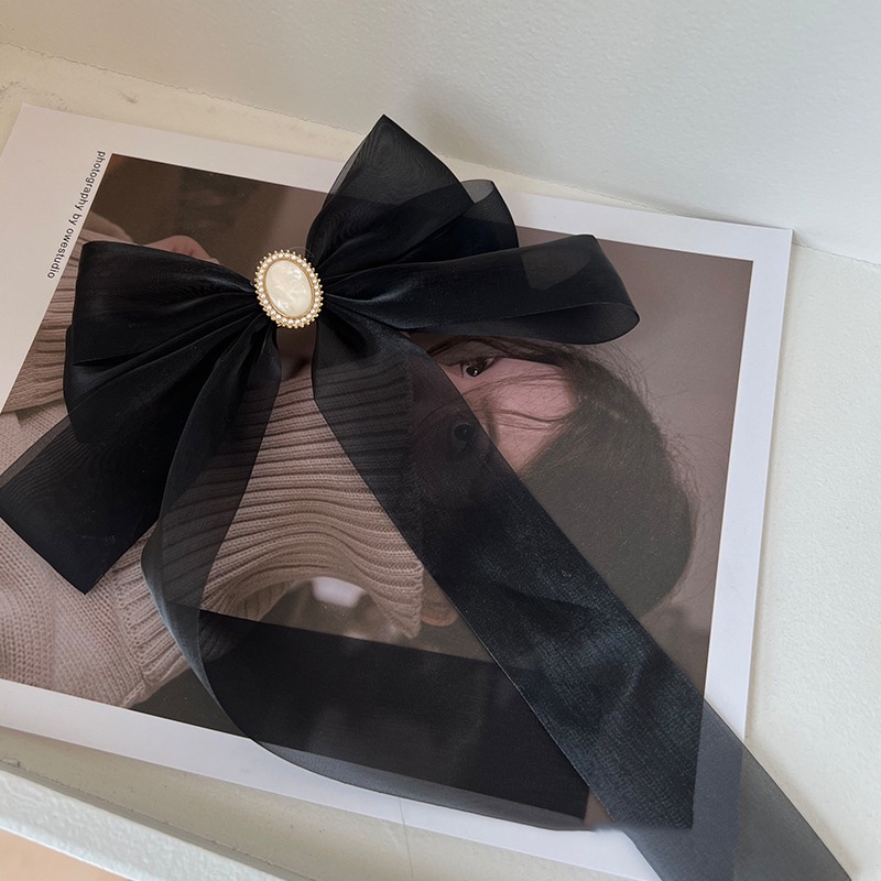 Kẹp Tóc Hình Nơ Cỡ Lớn Đính Ngọc Trai Kiểu Pháp Dễ Thương