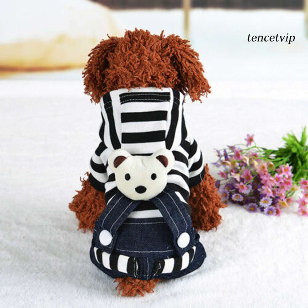 Áo liền quần có mũ trùm/Đầm cho chó cưng chất liệu denim họa tiết kẻ sọc dễ thương