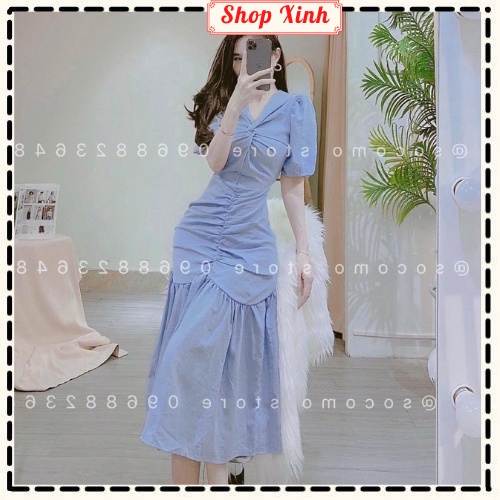 Đầm dự tiệc chiết eo ly ngực tay bồng kín đáo màu xanh da trời, Váy maxi chun bụng ngực xếp li dáng xòe tay bồng công sở