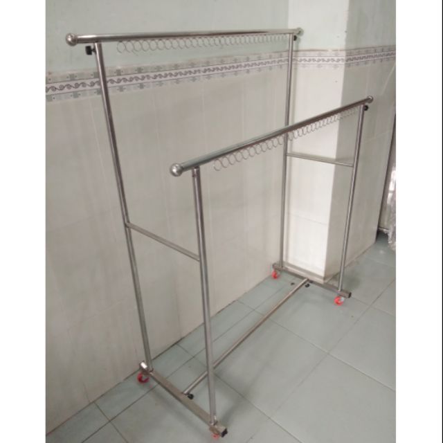 sào phơi đồ inox đôi có bánh xe loại chân vuông cao cấp. giàn phơi inox