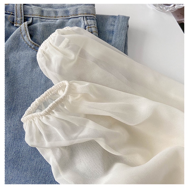 Áo kiểu tay dài voan phối lưới cói thêu hoa AK38