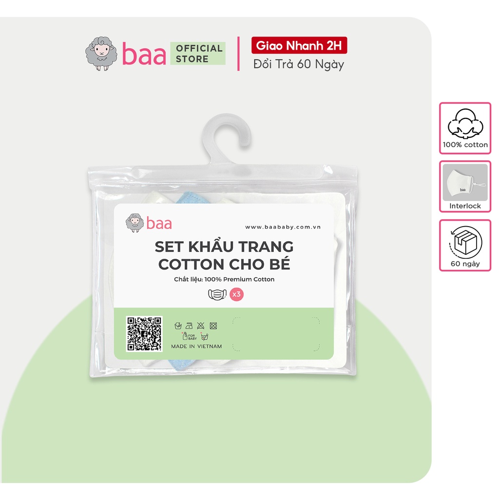 Set 3 Khẩu trang vải cho bé, khẩu trang cotton kháng khuẩn cho em bé Baa Baby - UT-KT02X-03
