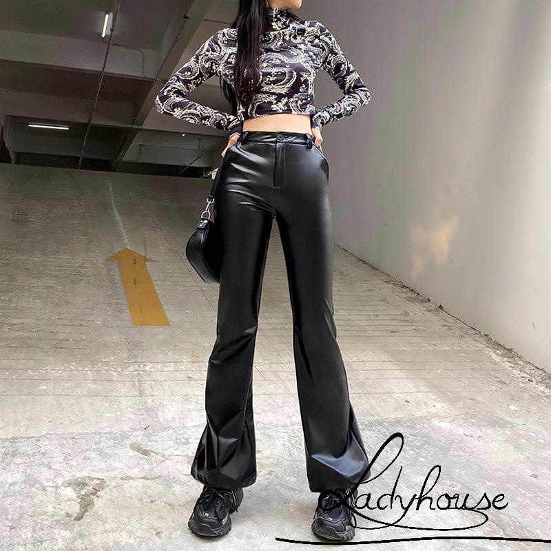 Quần da PU ống rộng lưng cao phối túi thời trang cho nữ