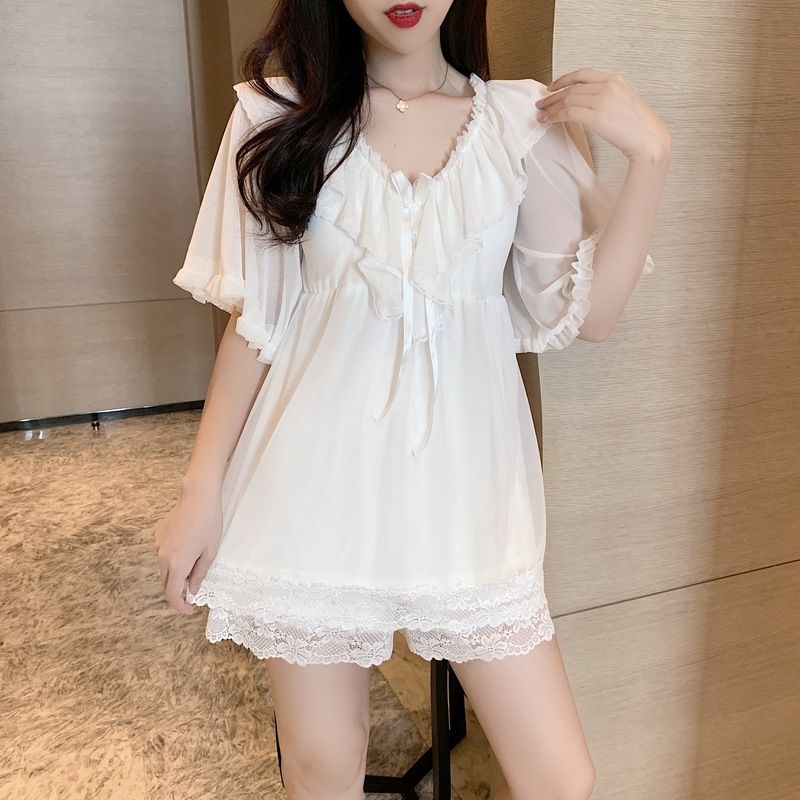Bộ Đồ Ngủ Vải Lụa Lạnh Phối Ren Có Miếng Đệm Ngực 2022 Thời Trang Mùa Hè Quyến Rũ Cho Nữ