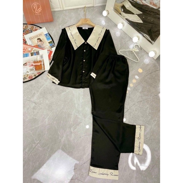 Pijama Lụa Chữ Kí Tiểu Thư Cổ Nhọn Tay Dài