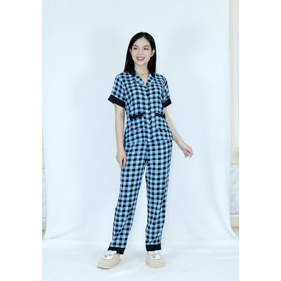 [HÌNH THẬT 100%] Bộ đồ Pijama nữ sọc CA RÔ XANH PHA CỔ ĐEN - vải siêu lụa cao cấp - Cực Kì Sang Chảnh