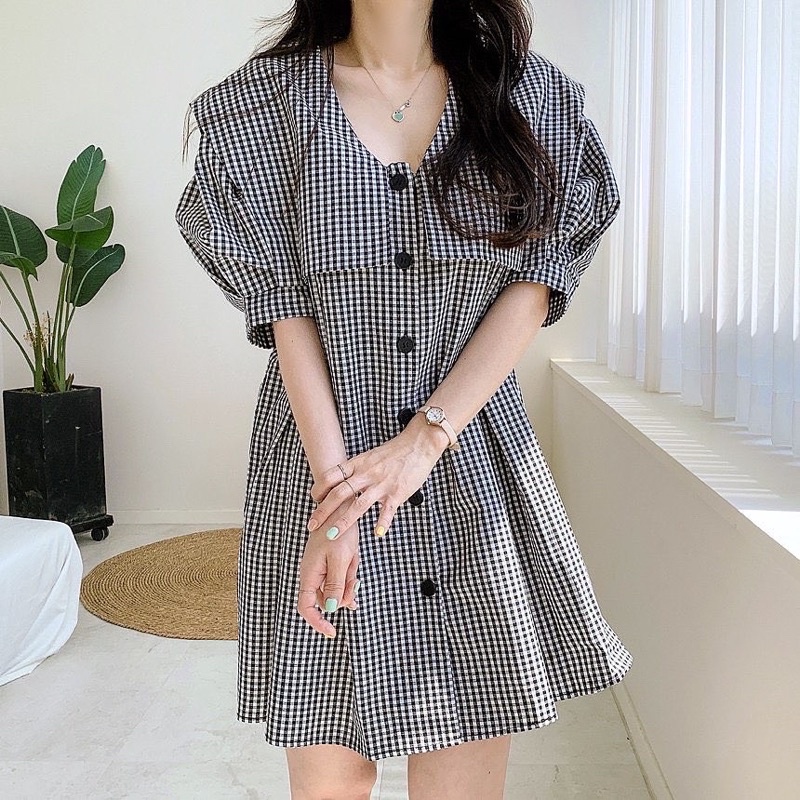 Váy caro cổ thuỷ thủ tay phồng defleur.studio