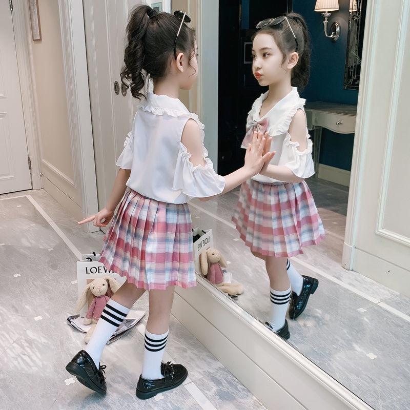 Bộ Đồng Phục Áo Sơ Mi Phối Chân Váy Xếp Ly Phong Cách Phương Tây Dễ Thương Thời Trang Mùa Hè Cho Bé Gái