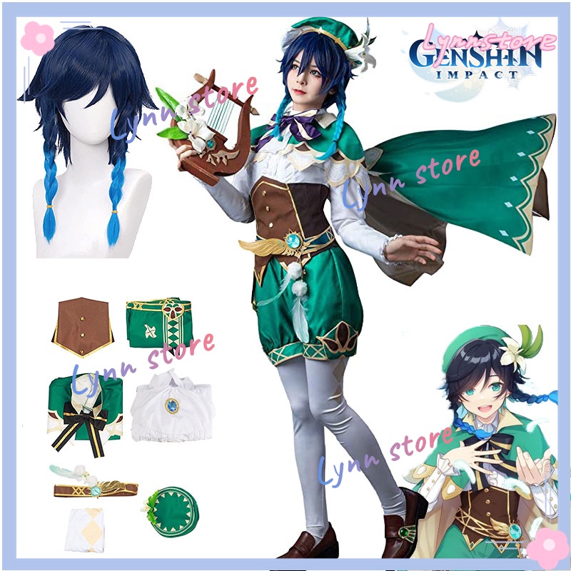 Anime Genshin Impact Venti Thần gió Trò chơi Phù hợp với Đồng phục đáng yêu Cosplay Trang phục Halloween Bên Phụ nữ Trang phục Tóc giả