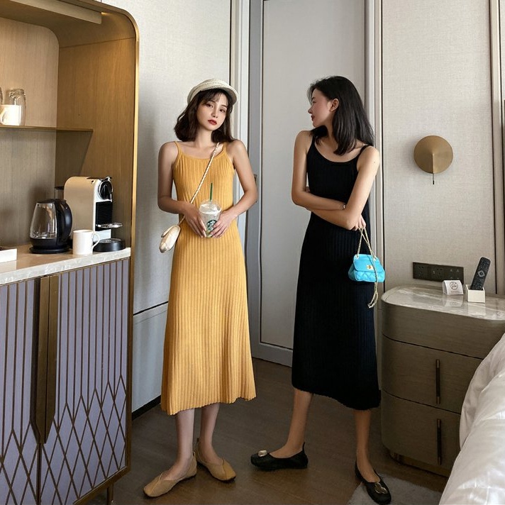 Đầm SUXI hai dây dệt kim màu trơn phong cách vintage thời trang mùa xuân dành cho nữ