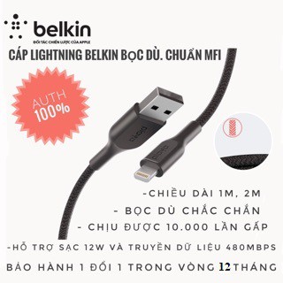 [ BH 12 tháng ] Cáp bọc dù iPhone Belkin Lightning to USB-A có chứng chỉ MFi, hàng chính hãng Belkin