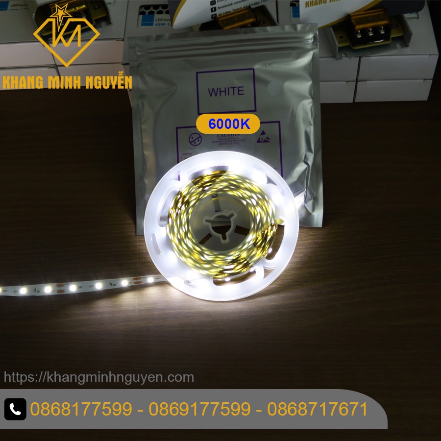 【Giá cả cuộn 5 mét】LED dây 2835 12V cuộn 5m - 60 led/Mét có keo 2 mặt Ánh sáng trung tính (nhiệt độ màu 4000K)