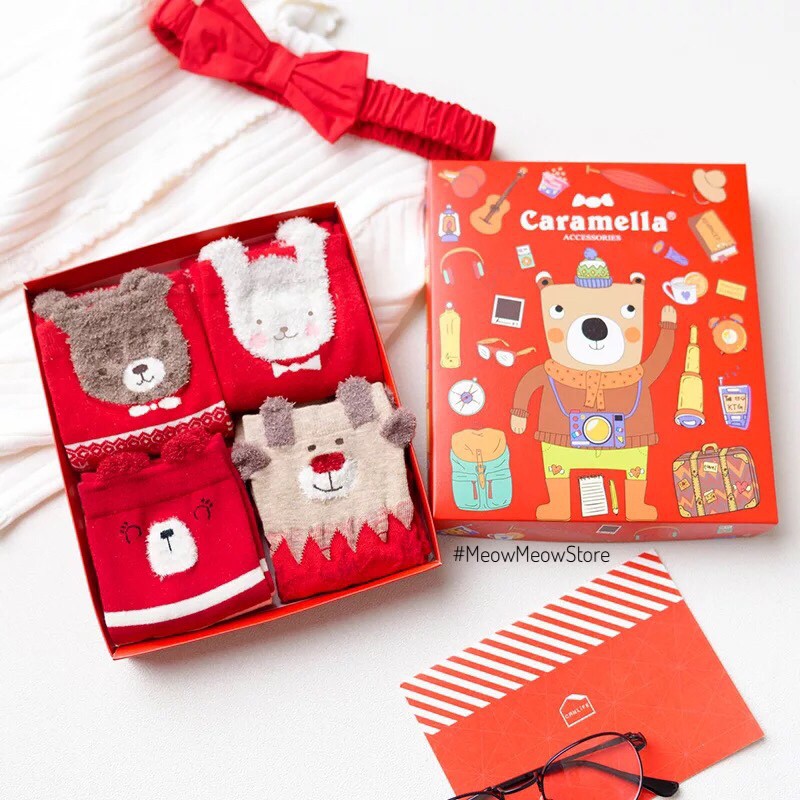 Hộp 4 đôi vớ noel em bé hãng Caramella chất vải cotton mềm mại co giãn
