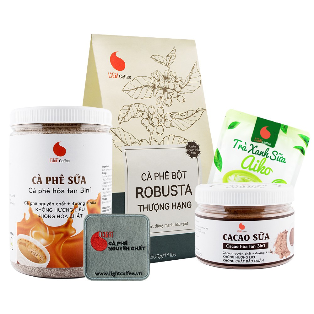 Set Làm quen 6, cà phê Thượng hạng 500g, cà phê sữa 500g, cacao sữa 230g, matcha sữa Aiko 50g, cacao sữa  - Light Coffee