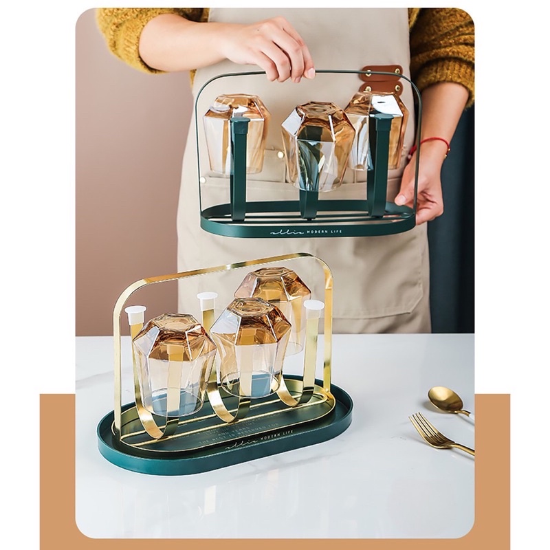 ÚP CỐC DECOR CÓ KHAY HỨNG NƯỚC | GIÁ ÚP LY CỐC SƠN TĨNH ĐIỆN KÈM KHAY PHONG CÁCH RETRO BẮC ÂU KHÔNG HOEN GỈ CAO CẤP