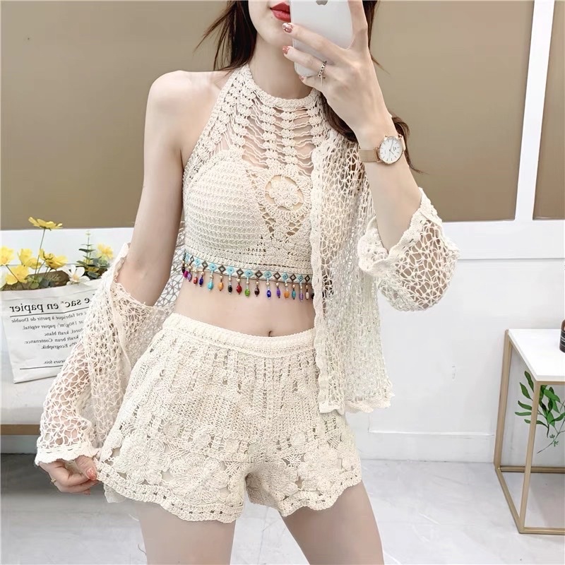 set biển - set 3 món - bra cổ yếm mix ngọc + quần ren hoạ tiết + choàng hạt gạo tay loe (có tách rời)