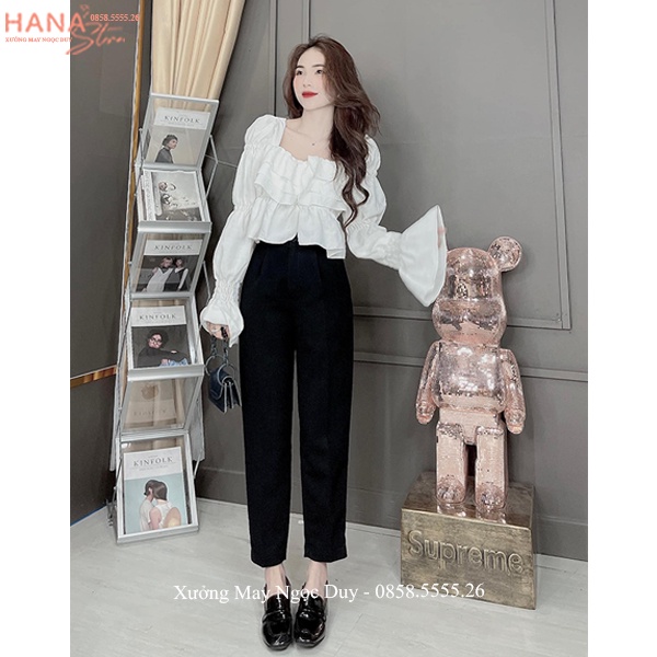Quần baggy nữ công sở cạp cao có đỉa màu Đen dáng dài kiểu quần tây nữ lưng cao đi học công sở vải dày mềm co giãn nhẹ