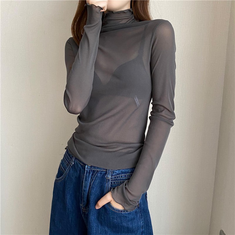 Áo lưới ren mỏng tay dài cổ cao thời trang cho nữ MS12