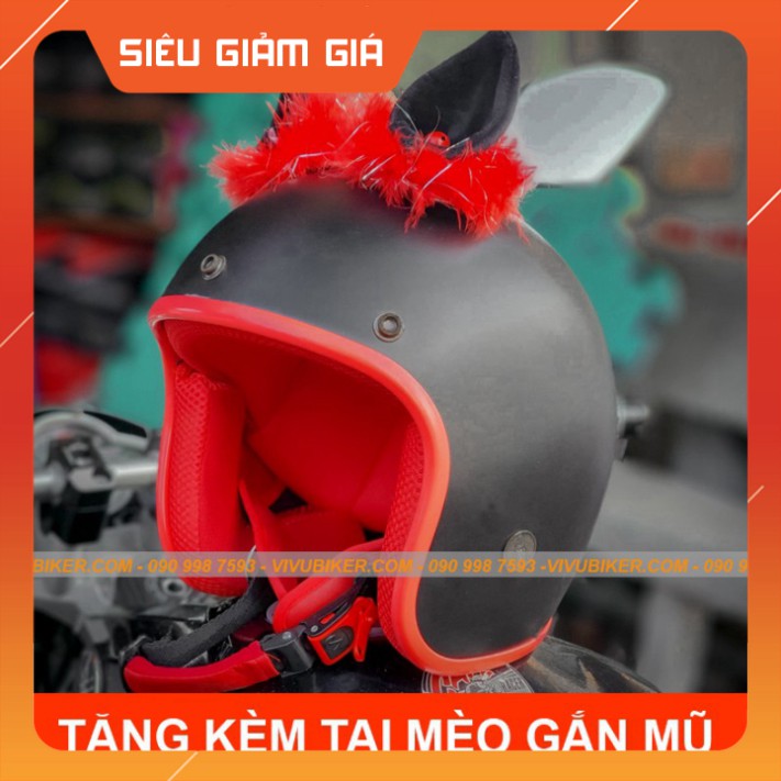KHO SG-  Mũ bảo hiểm 3/4 kèm tai mèo gắn nón đen lót đỏ siêu cute - Nón bảo hiểm đen nhám tai thỏ Fung Fing chính hãng